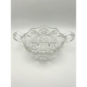 Vintage Cut Crystal Double Handle Candy Dish Sawtooth Rim Clear Glass Bowl 10 In